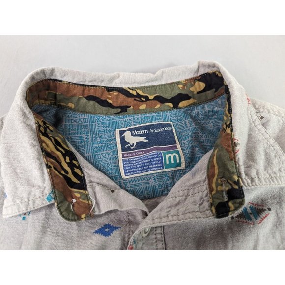 Modern Amusement Shirt Men's Medium Grey Aztec Long Slv Button Down Casual Artsy - Picture 3 of 8